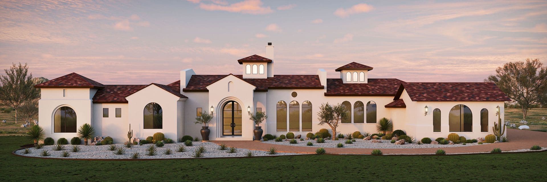 4,200 sq ft Santa Barbara-style landscaping in Texas featuring a brown brick paver path with pebble borders, a expansive lawn, and xeriscape planting with abundant Golden Barrel cacti, low-growing shrubs and grasses, a large Saguaro cactus on the right, and large dark brown terracotta planters.