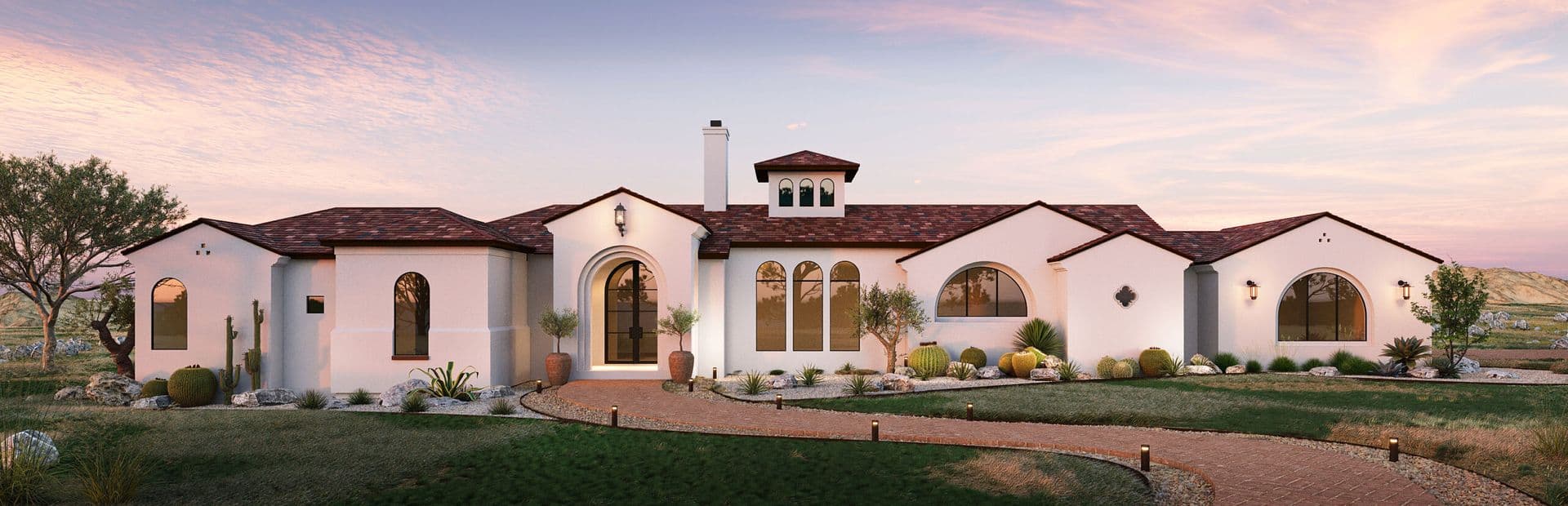 3,600 sq ft Santa Barbara-style landscaping in Texas featuring a terracota brick path with pebble borders, a lawn, and xeriscape planting with various cacti, agaves, and ornamental grasses.