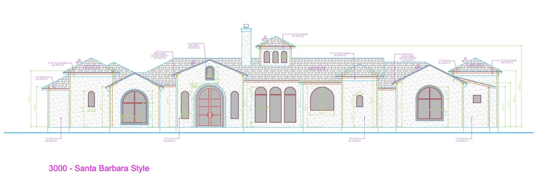 Front Elevation of the 3,000 sq ft Antonio Residence, Santa Barbara style home in Texas