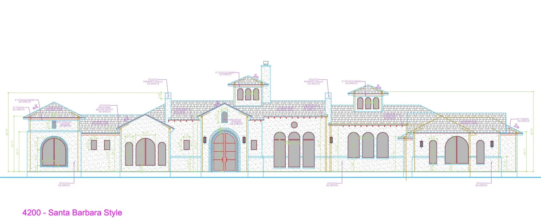 Front Elevation of the 4,200 sq ft Antonio Residence, Santa Barbara style home in Texas