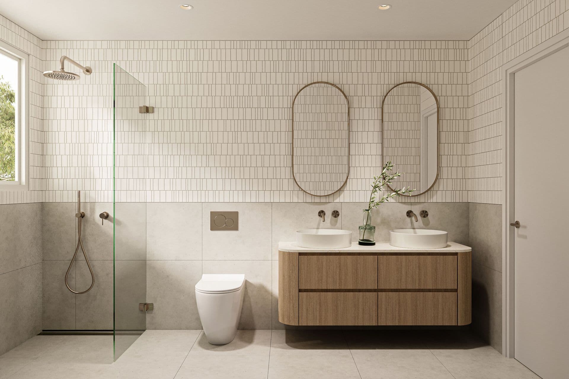Ensuite bathroom with a frameless glass shower, floating timber double vanity, oval mirrors, and full-height tiled walls