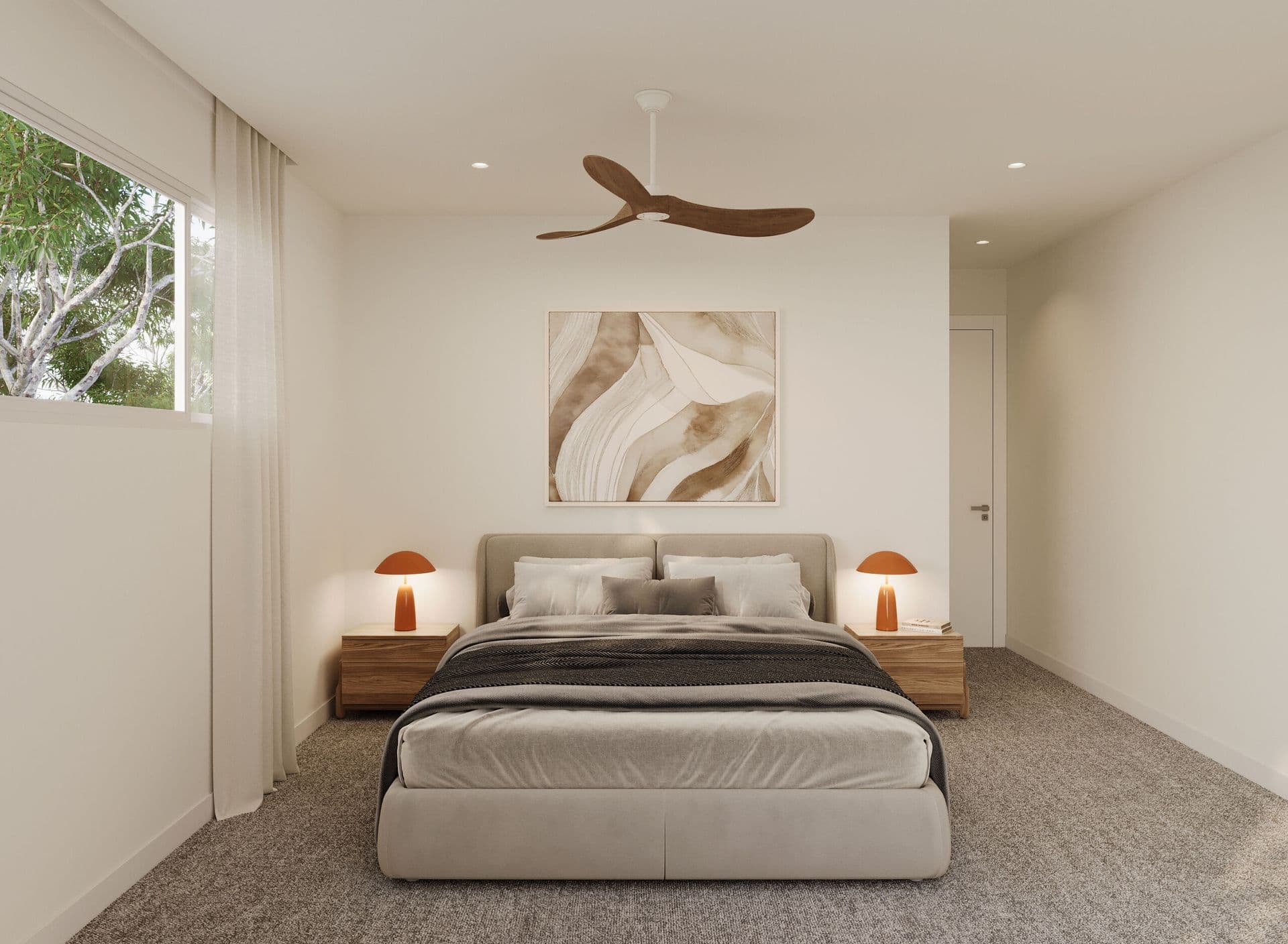 Main bedroom with an upholstered bed, round bedside lamps, ceiling fan, and neutral carpet flooring