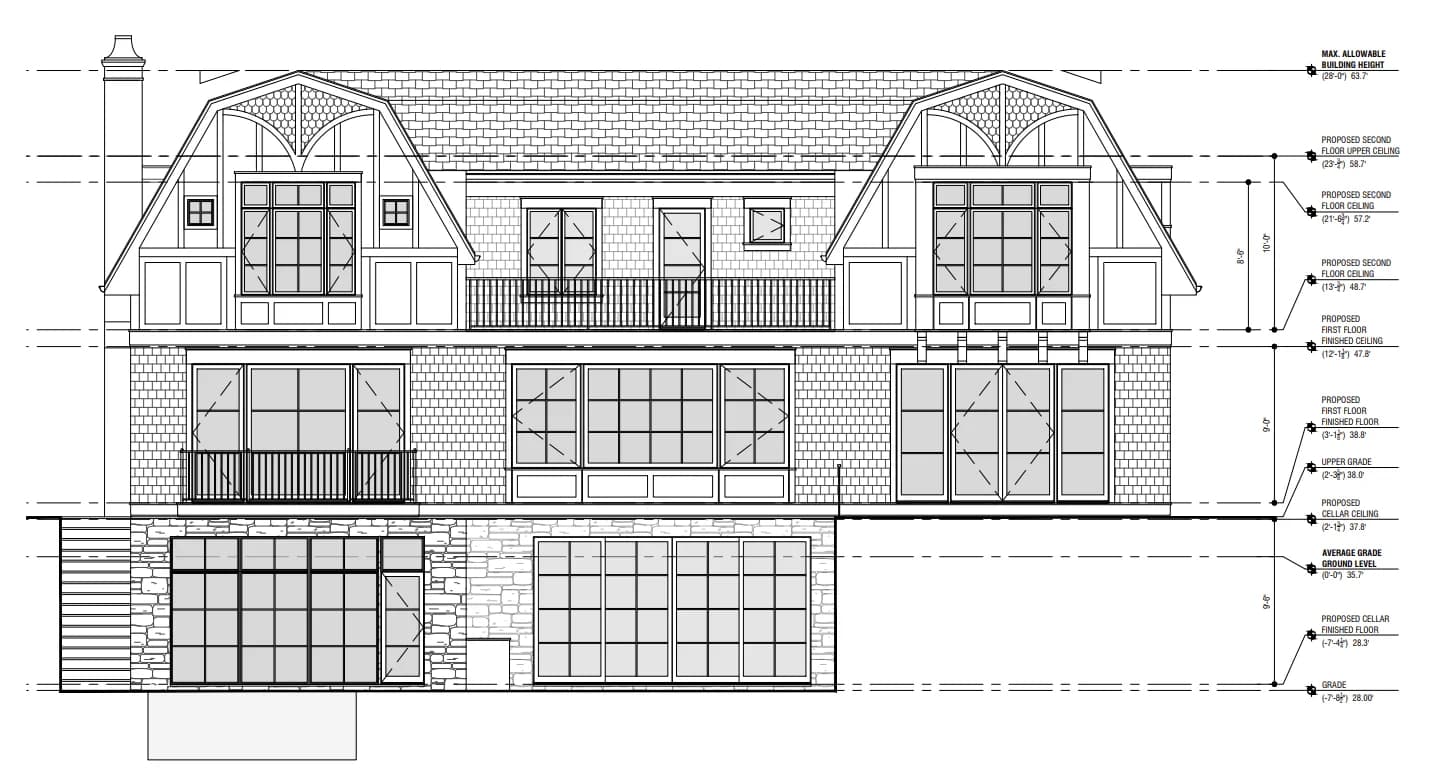 Lakefront Tudor Residence Back View drawing