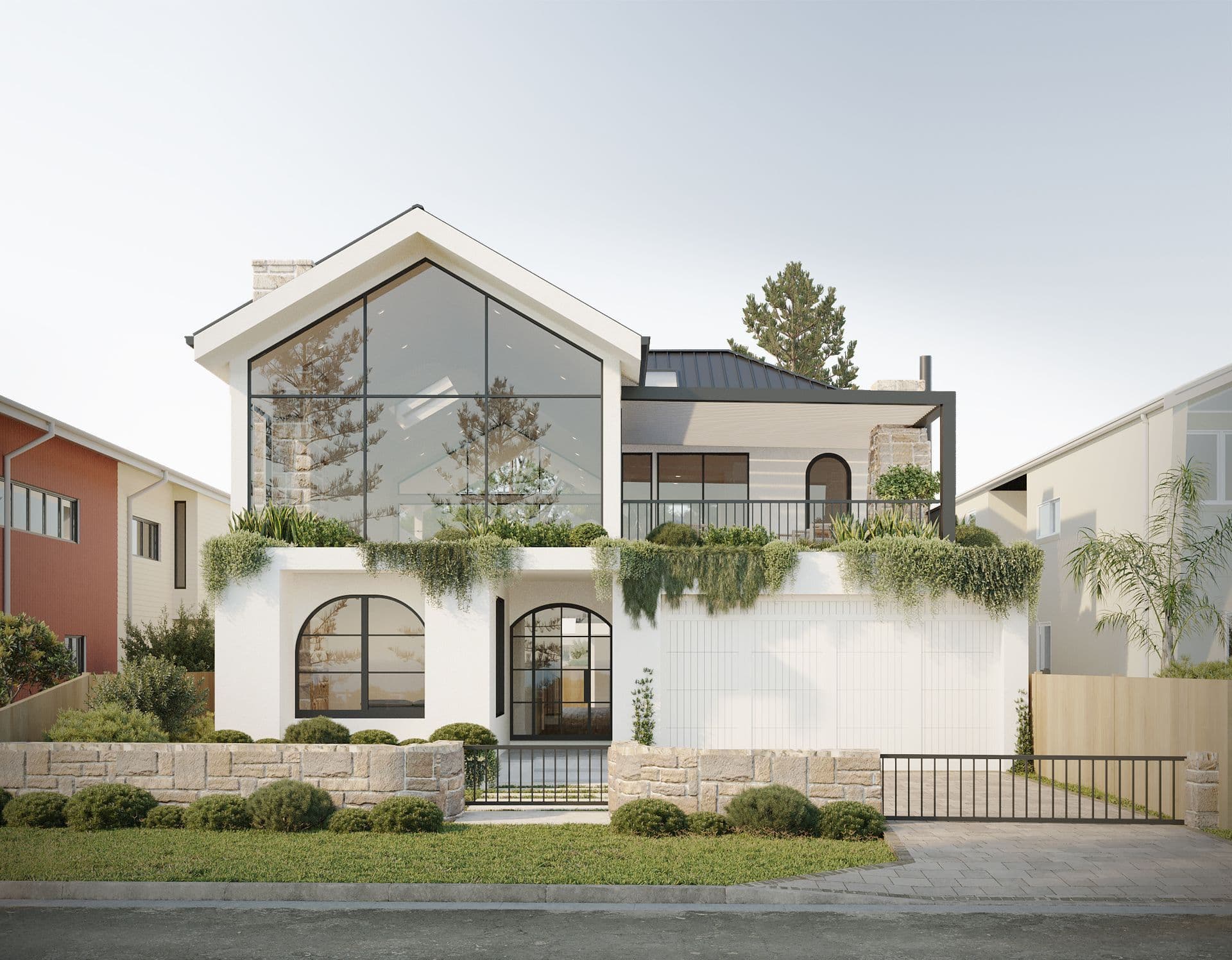 Front elevation render showing arched windows, gabled glazing, and stone-clad entry wall of the Wall and Smith Residence, Woonona NSW — visualization by N2Q Studio