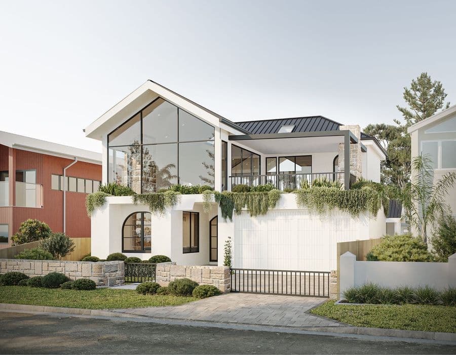 Coastal contemporary home exterior with gabled glass facade, natural stone cladding, and trailing plants over the balcony wall — Wall and Smith Residence, Woonona NSW, by N2Q Studio.