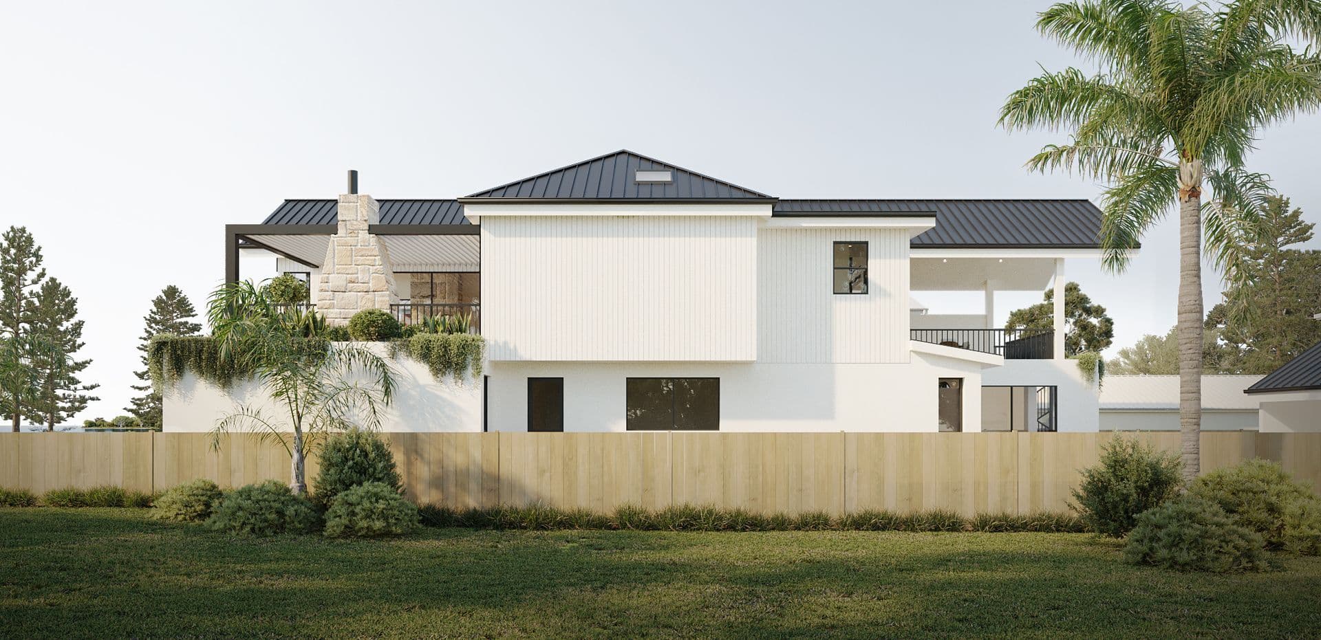 Side elevation render showing vertical board cladding, standing-seam metal roof, and stone chimney — Wall and Smith Residence, Woonona NSW, by N2Q Studio