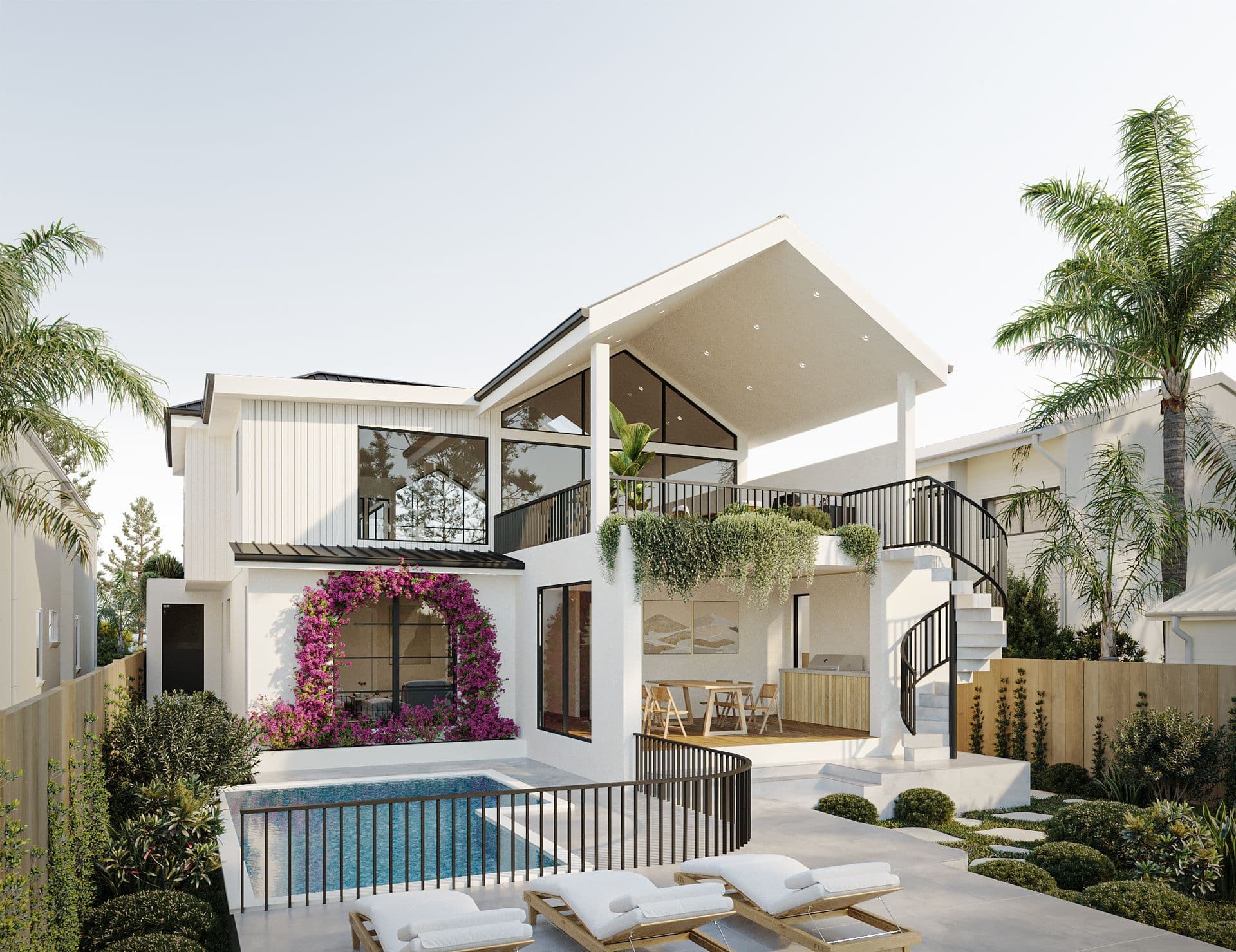 Outdoor dining and pool deck render featuring a magenta bougainvillea arch and black spiral stair, Wall and Smith Residence, Woonona NSW