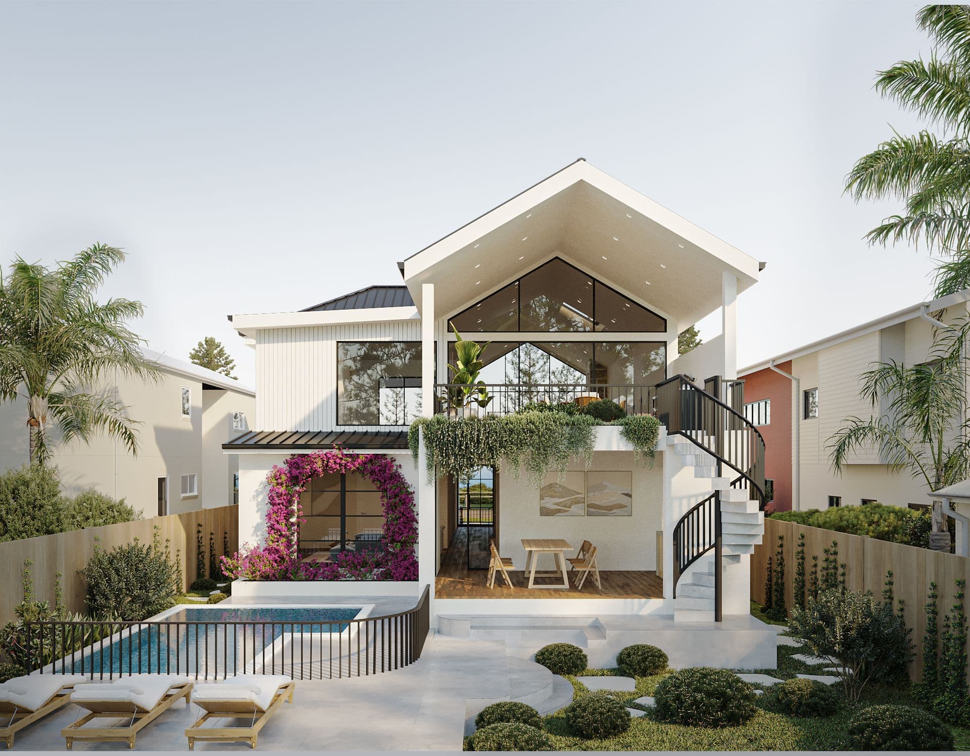 Rear exterior render with pool terrace, spiral staircase, and bougainvillea-covered archway — Wall and Smith Residence, Woonona NSW, by N2Q Studio