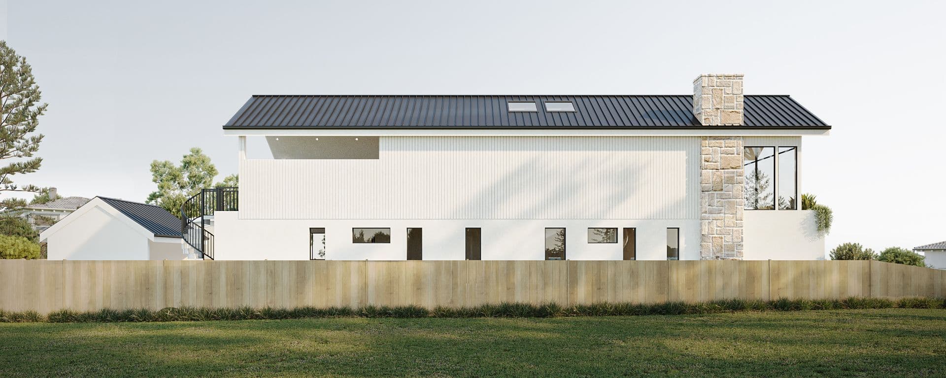 Close side elevation render of the Wall and Smith Residence, Woonona NSW, showing the ground-floor window band and stone chimney against timber fencing