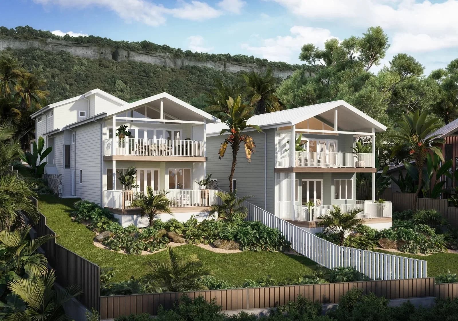 Twin gabled duplex render with palm trees and native garden landscaping — Dalys Cour Duplex, Coledale, Illawarra NSW