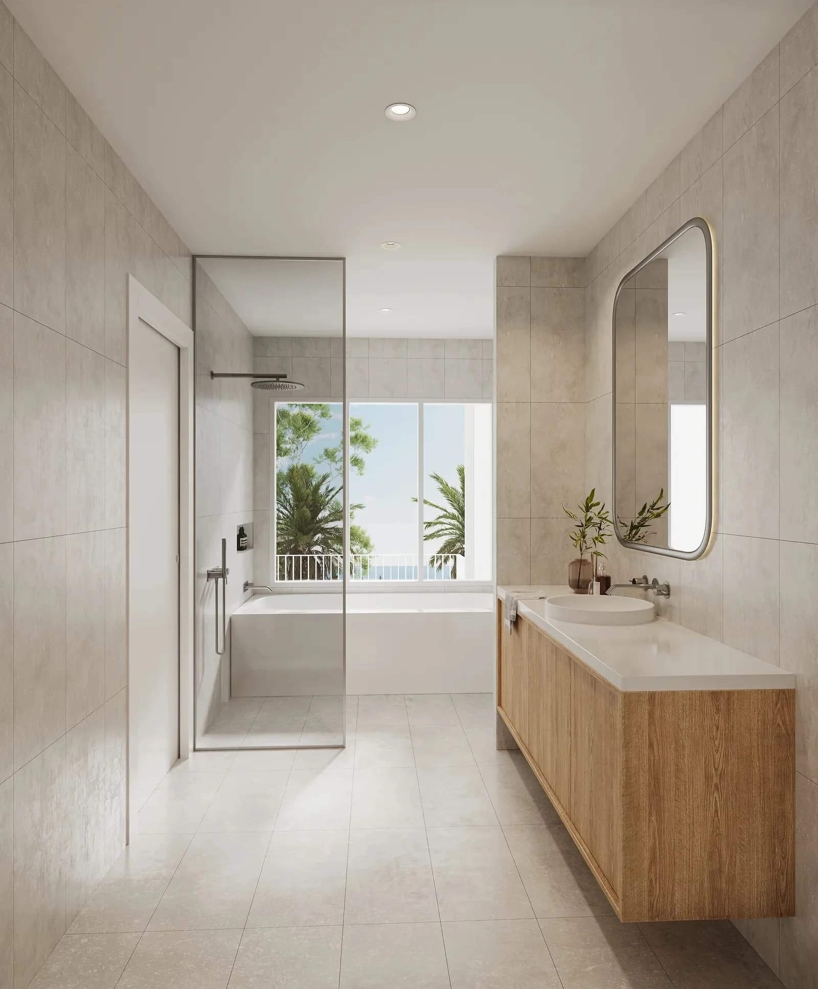 Bathroom interior render with freestanding tub, timber vanity, and a window view of palm trees — Dalys Cour Duplex, Coledale NSW