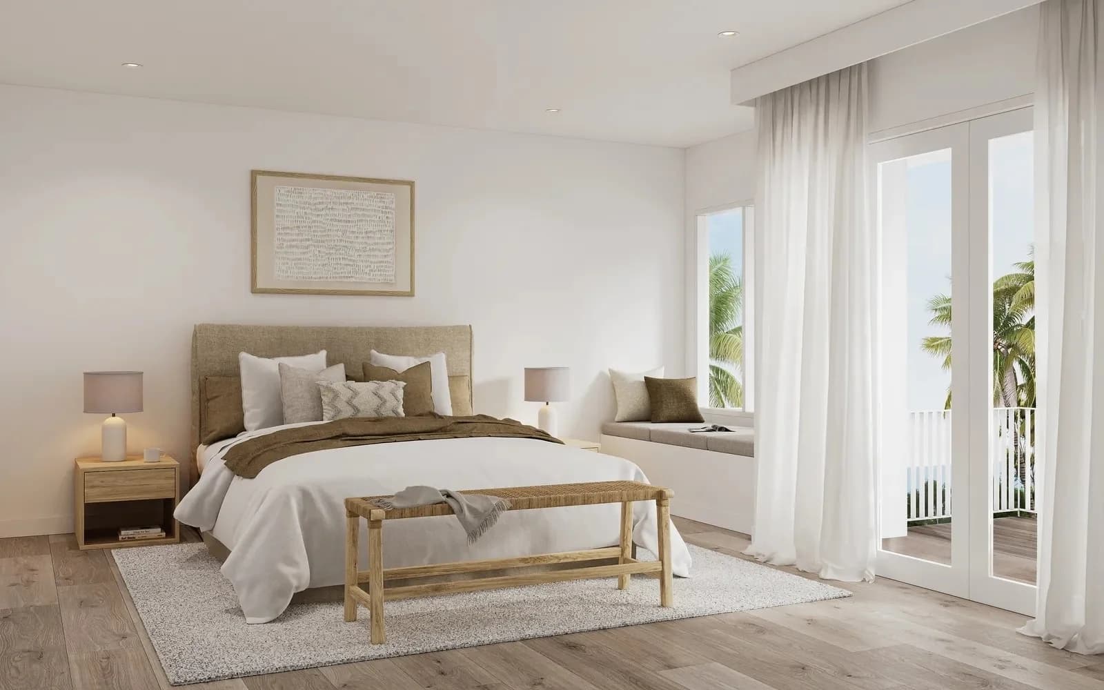 Master bedroom interior render with a window seat and glass doors opening to a coastal balcony — Dalys Cour Duplex, Coledale NSW
