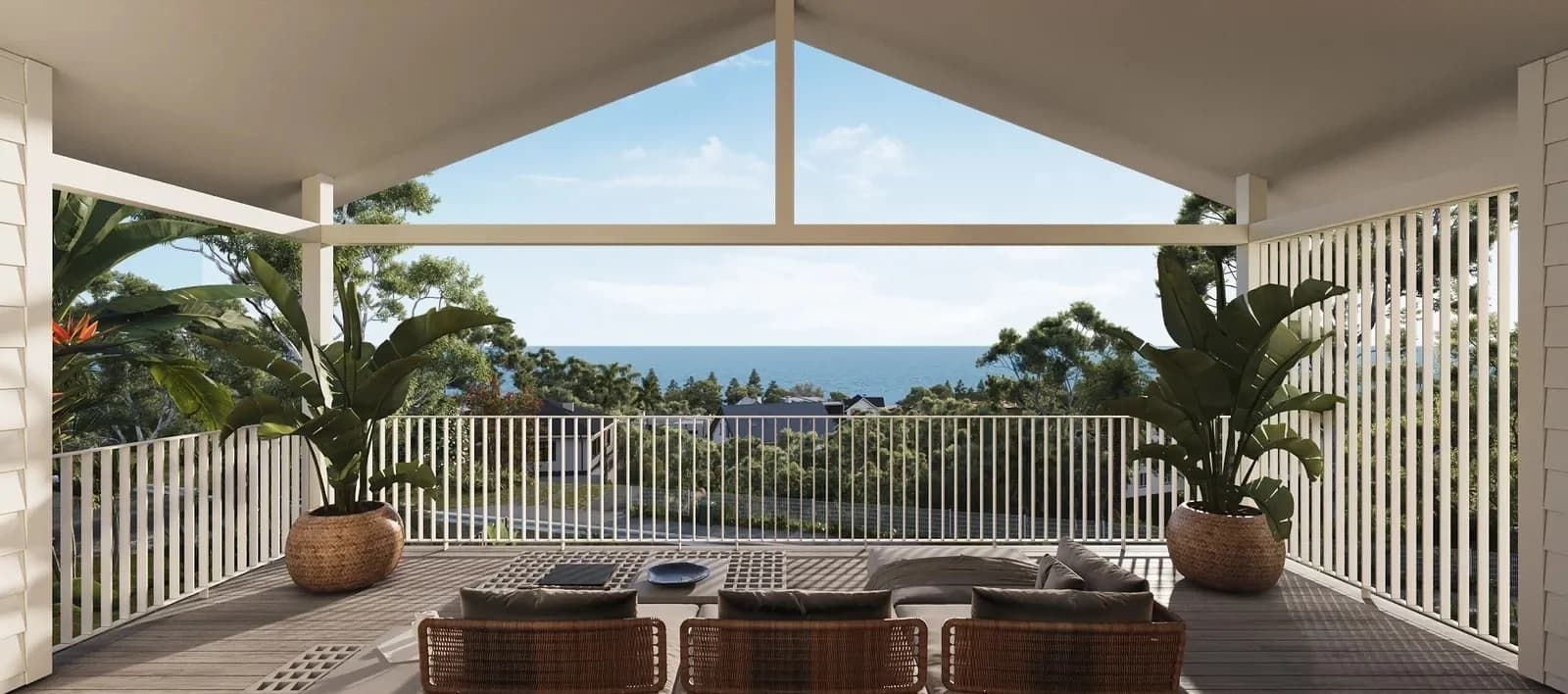 overed balcony render with rattan seating, potted palms, and an ocean view — Dalys Cour Duplex, Coledale NSW, by N2Q Studio