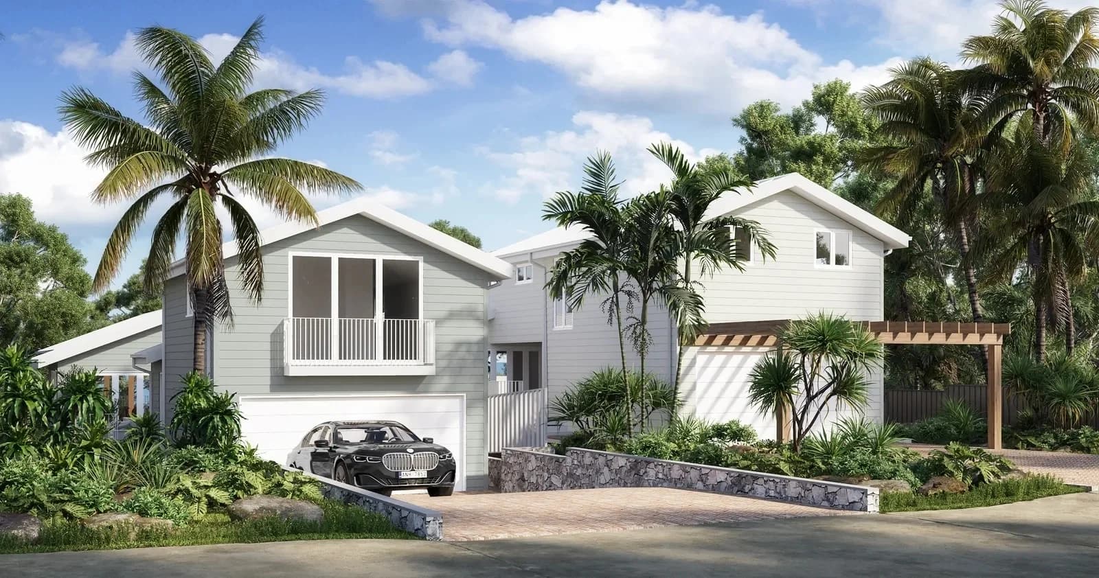 Duplex exterior render with tropical palm landscaping and stone garden wall — Dalys Cour Duplex, Coledale NSW