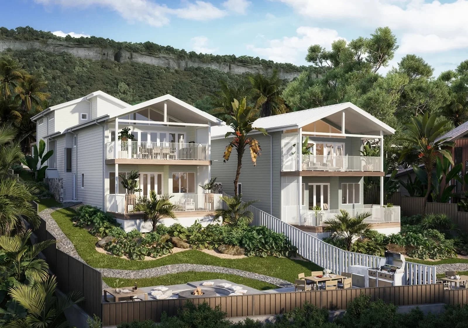 Rear exterior render of the Dalys Cour Duplex with layered tropical planting and timber deck, Coledale NSW
