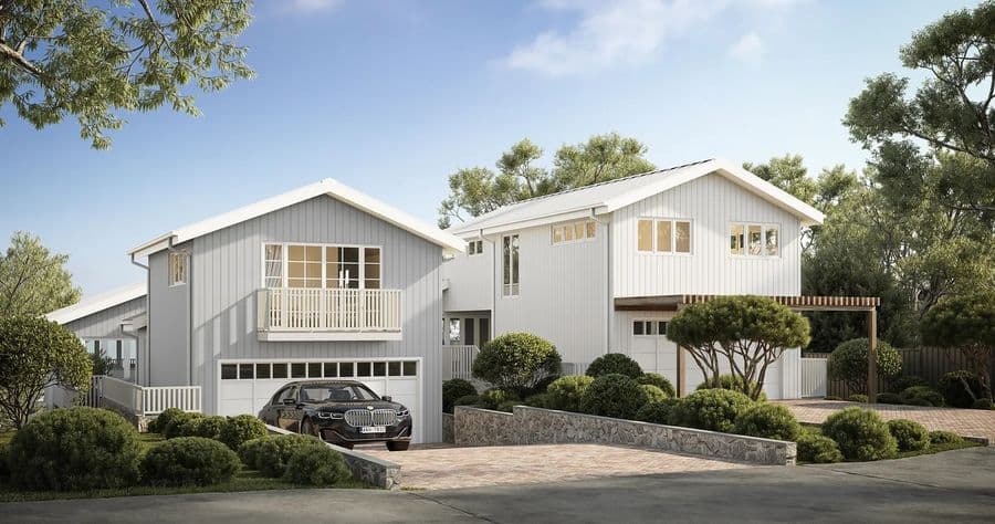 Coastal weatherboard duplex exterior render with white gable roofs and timber pergola — Dalys Cour Duplex, Coledale NSW, by N2Q Studio.