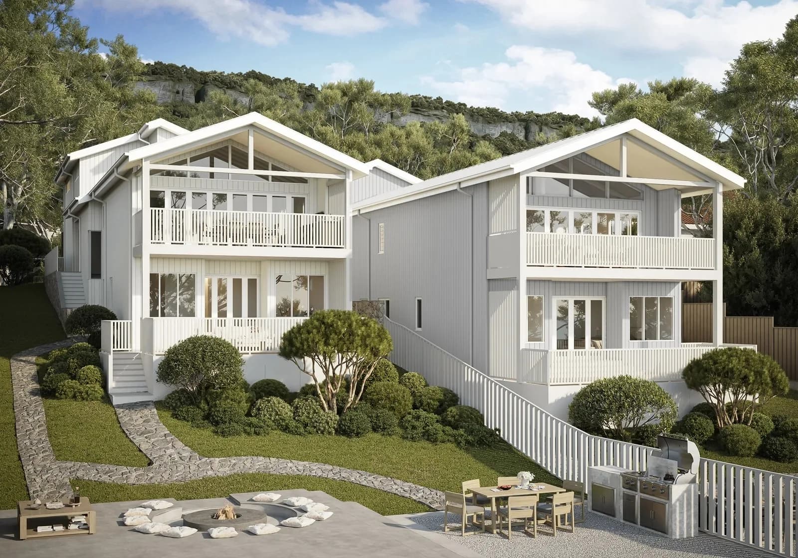 Twin gabled duplex render showing white balconies and layered garden landscaping — Dalys Cour Duplex, Coledale, Illawarra NSW