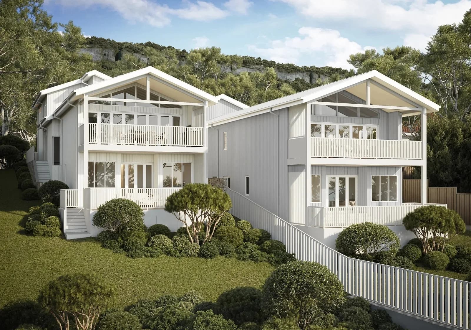 Exterior render of the Dalys Cour Duplex twin gables with white timber cladding and native landscaping, Coledale, Illawarra NSW