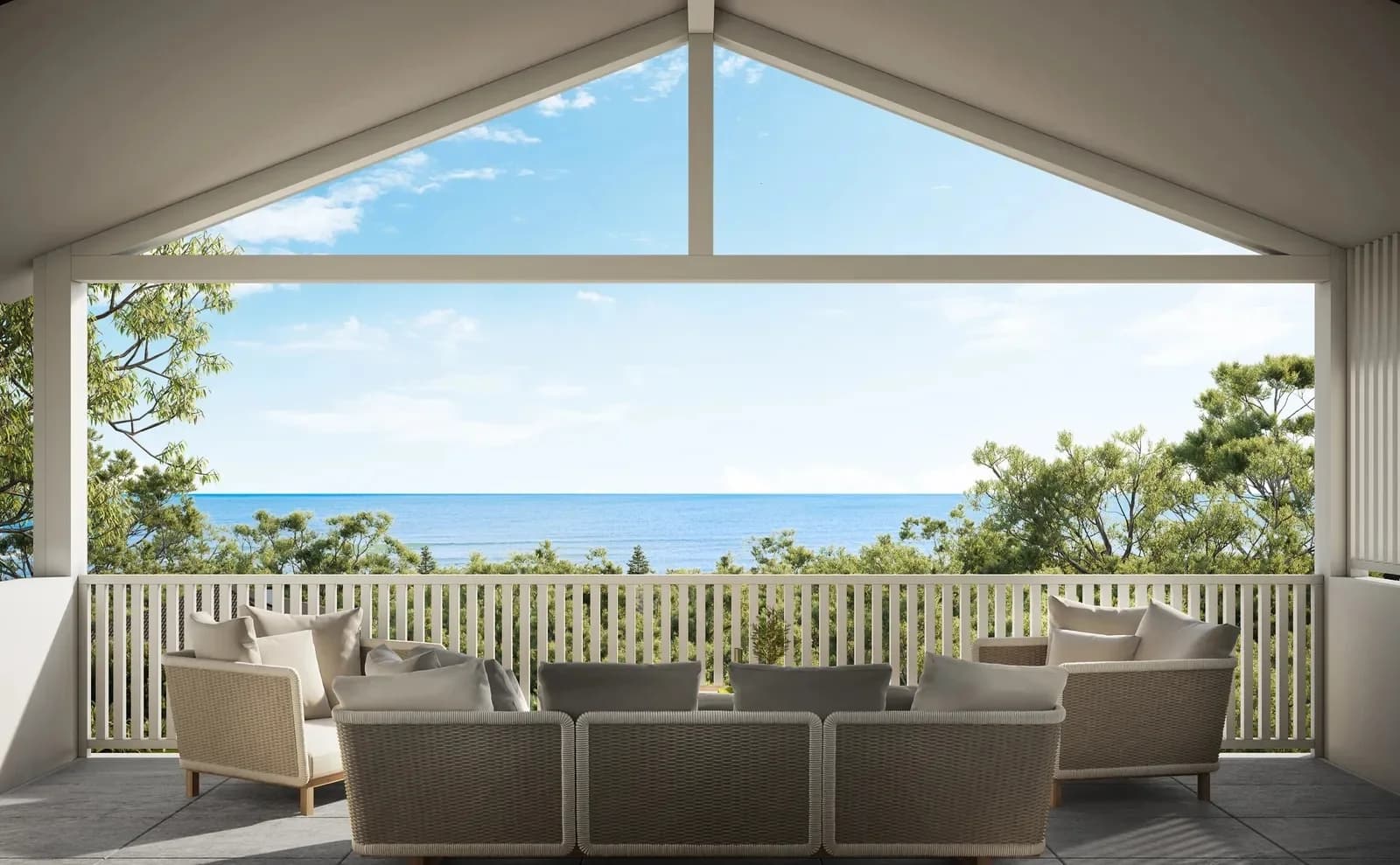 Interior render of a gabled balcony with wicker outdoor furniture framing an ocean view — Dalys Cour Duplex, Coledale NSW