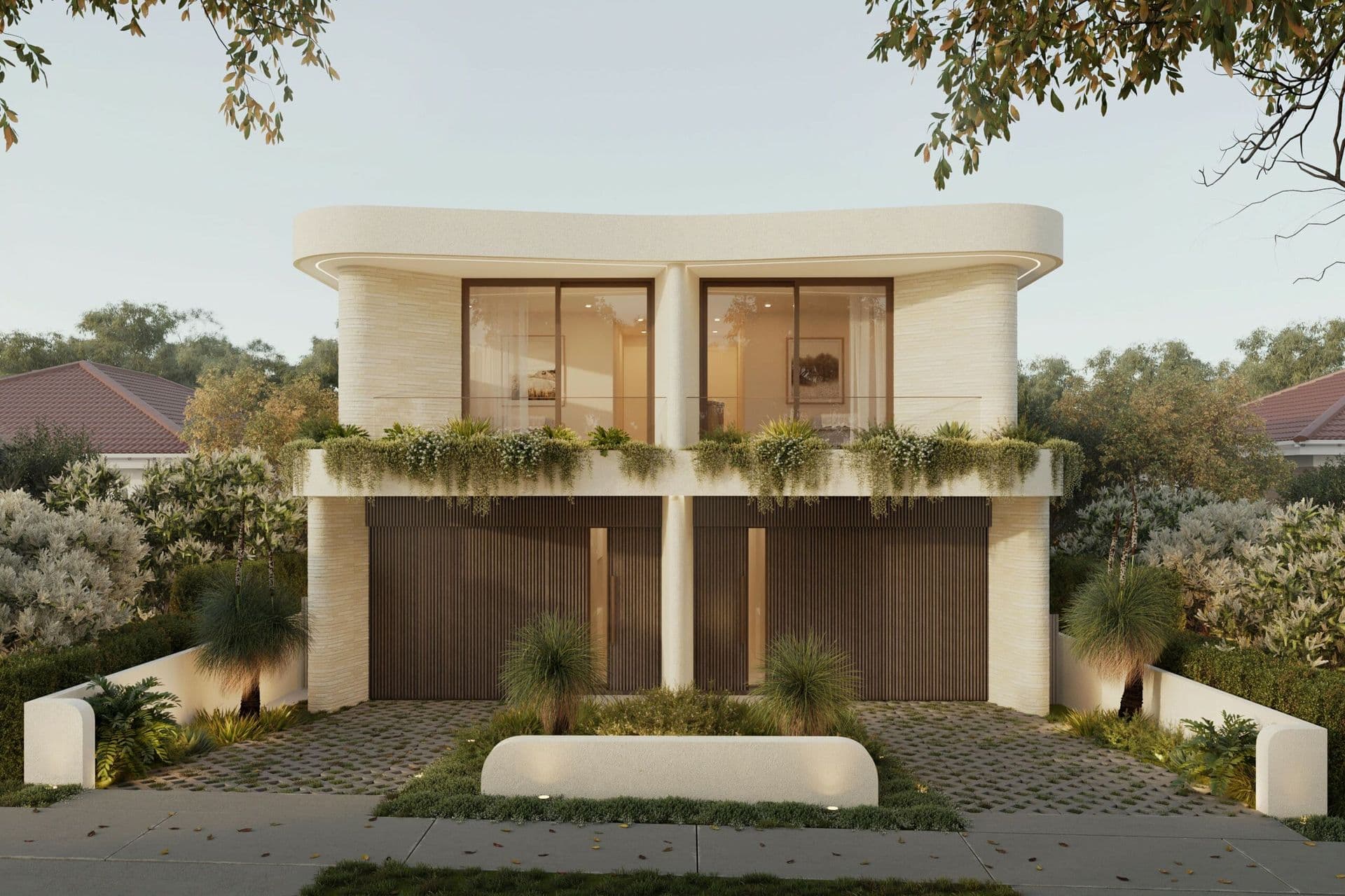 Modern curved duplex architecture, Mortdale NSW — cream render facade, timber batten cladding, native grass landscaping and trailing plants on balcony