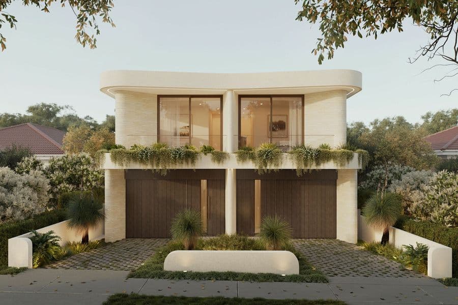 Modern curved duplex architecture, Mortdale NSW — cream render facade, timber batten cladding, native grass landscaping and trailing plants on balcony