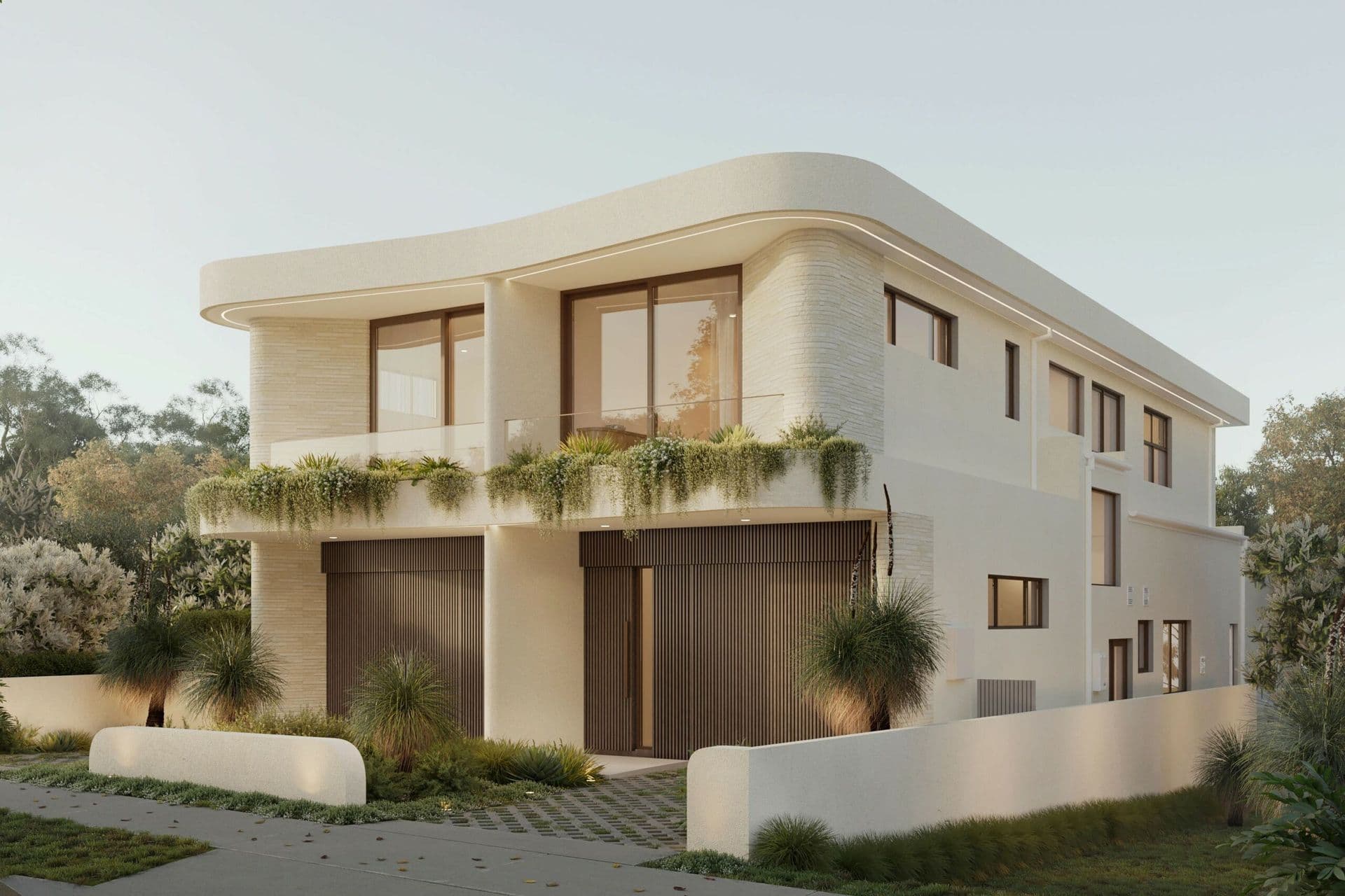 Contemporary curved duplex design, Mortdale NSW — render and timber slat facade, glass balustrade balcony, landscaped courtyard with native garden planting