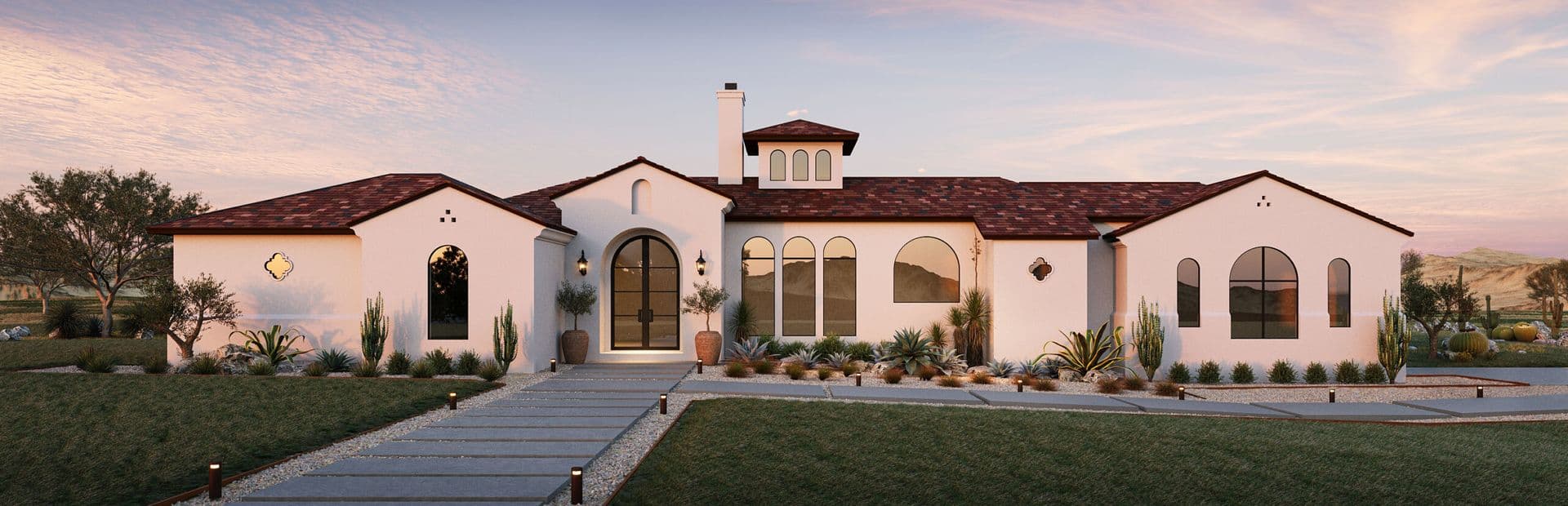 3,000 sq ft Santa Barbara-style landscaping in Texas featuring a modern concrete slab paver path with pebble borders, a lawn, and xeriscape planting with vertical cactus columns (such as Trichocereus), smaller agaves, and low-growing ornamental grasses.