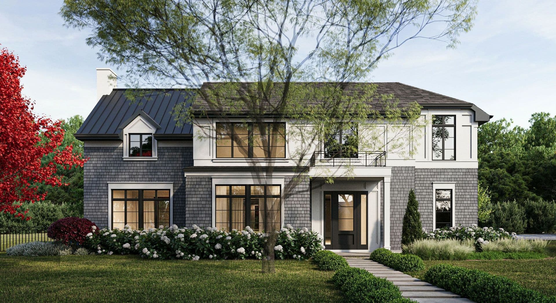 Front entry exterior rendering of a shingle-style home in East Hills, NY — gray cedar shake facade, white trim, Juliet balcony, and a hydrangea hedge along the front walkway