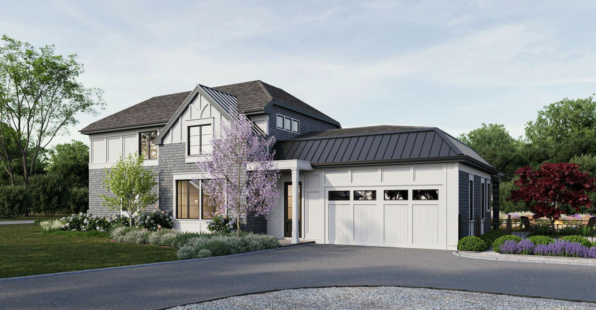 Shingle-style home exterior rendering in East Hills, NY — gray cedar shake siding, white gable trim, standing seam metal roof, and hydrangea landscaping along a circular driveway