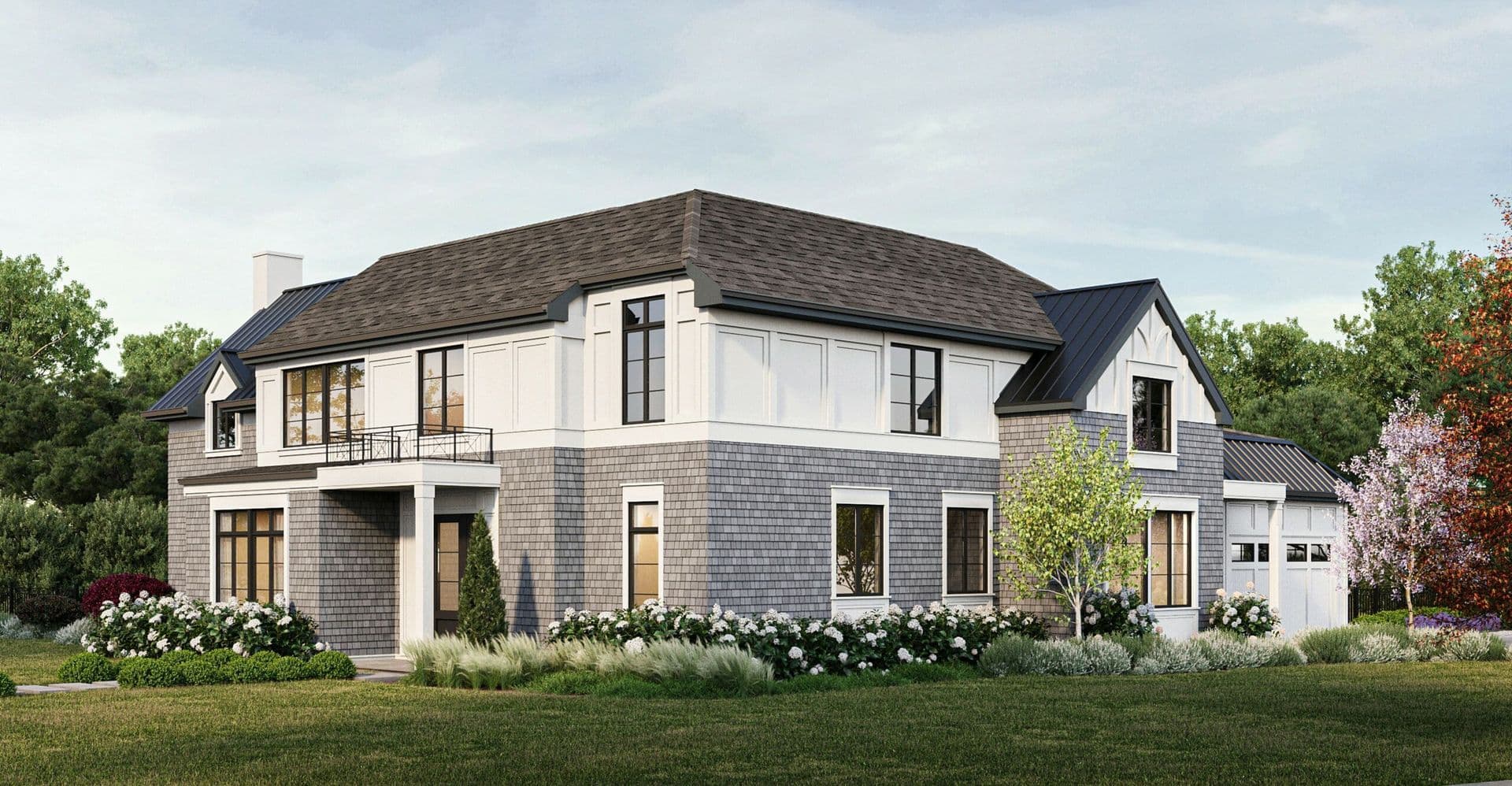 Side exterior rendering of a shingle-style residence in East Hills, NY, showing a white paneled upper level, gray cedar shake siding, black Juliet balcony railing, and hydrangea garden beds