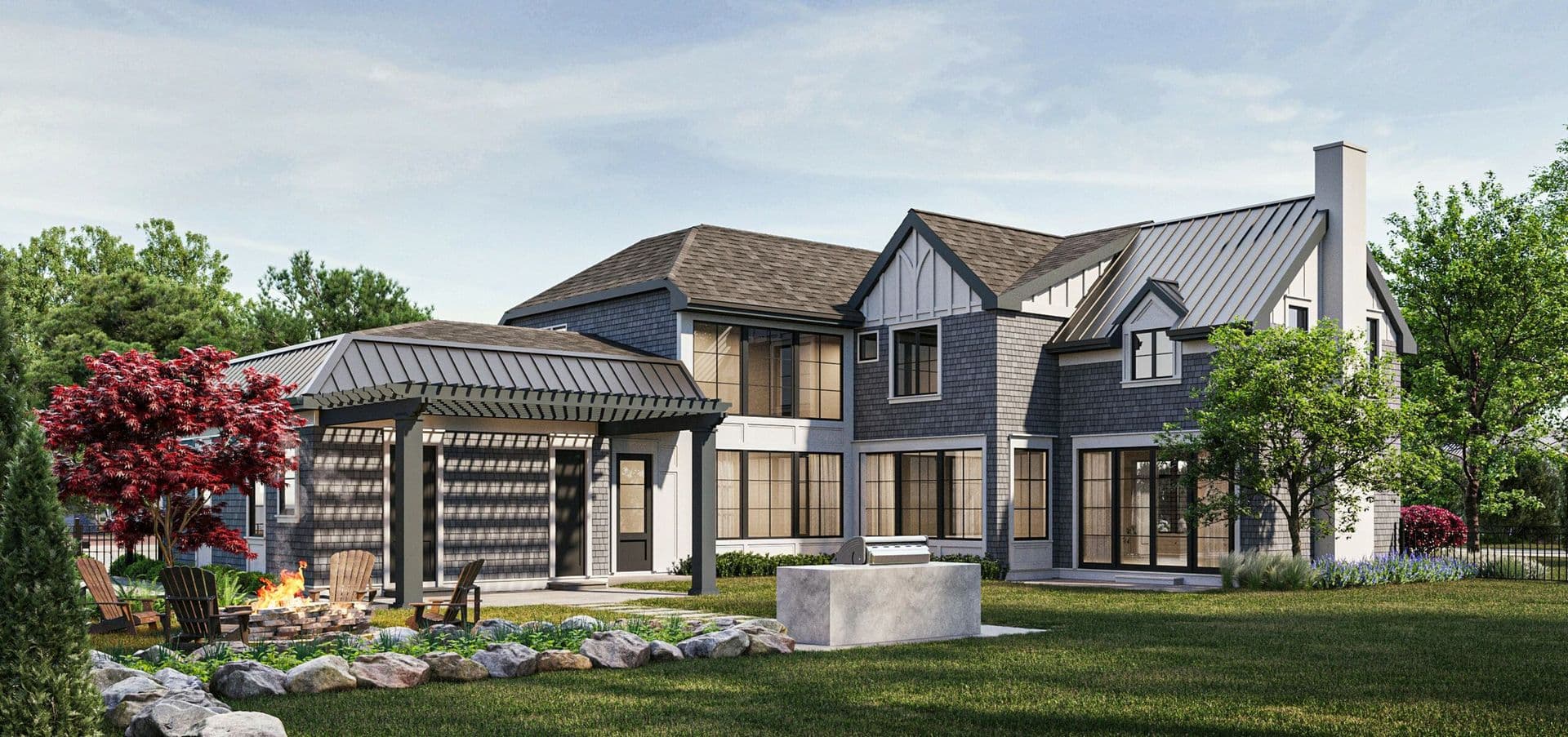 Rear exterior rendering of a shingle-style East Hills, NY home, featuring a covered pergola patio, stone outdoor kitchen, fire pit seating area, and landscaped boulder garden