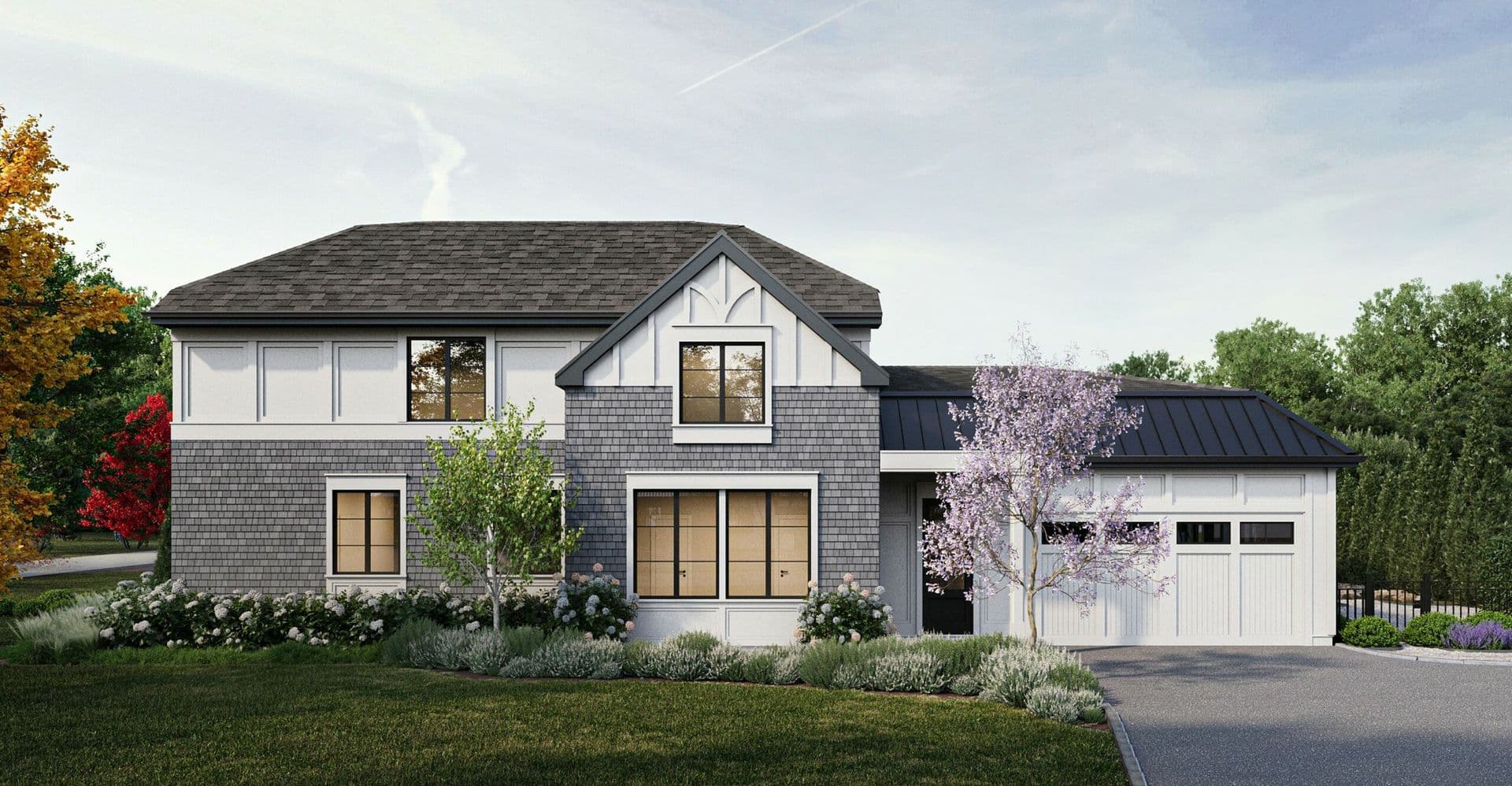 Front exterior rendering of a shingle-style residence in East Hills, NY, with a decorative gable truss, standing seam metal roof, flowering wisteria tree, and lavender landscaping