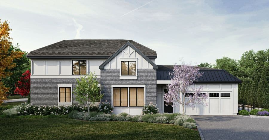 Front exterior rendering of a shingle-style residence in East Hills, NY, with a decorative gable truss, standing seam metal roof, flowering wisteria tree, and lavender landscaping