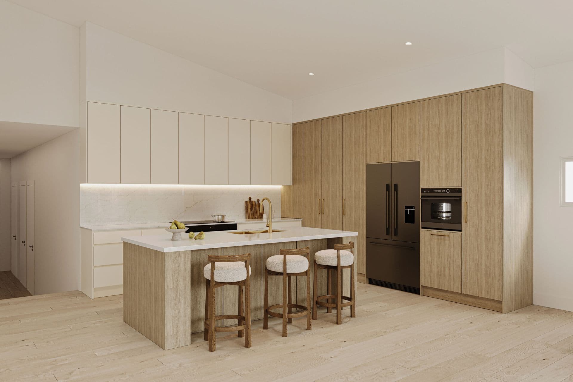 Kitchen with a timber-panelled island bench, integrated stainless steel appliances, and floor-to-ceiling timber cabinetry